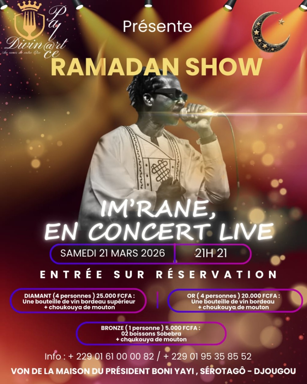 La légende de la musique béninoise, Imrane, sera en concert live à Djougou le 21 Mars 2026 à Divinart Palace